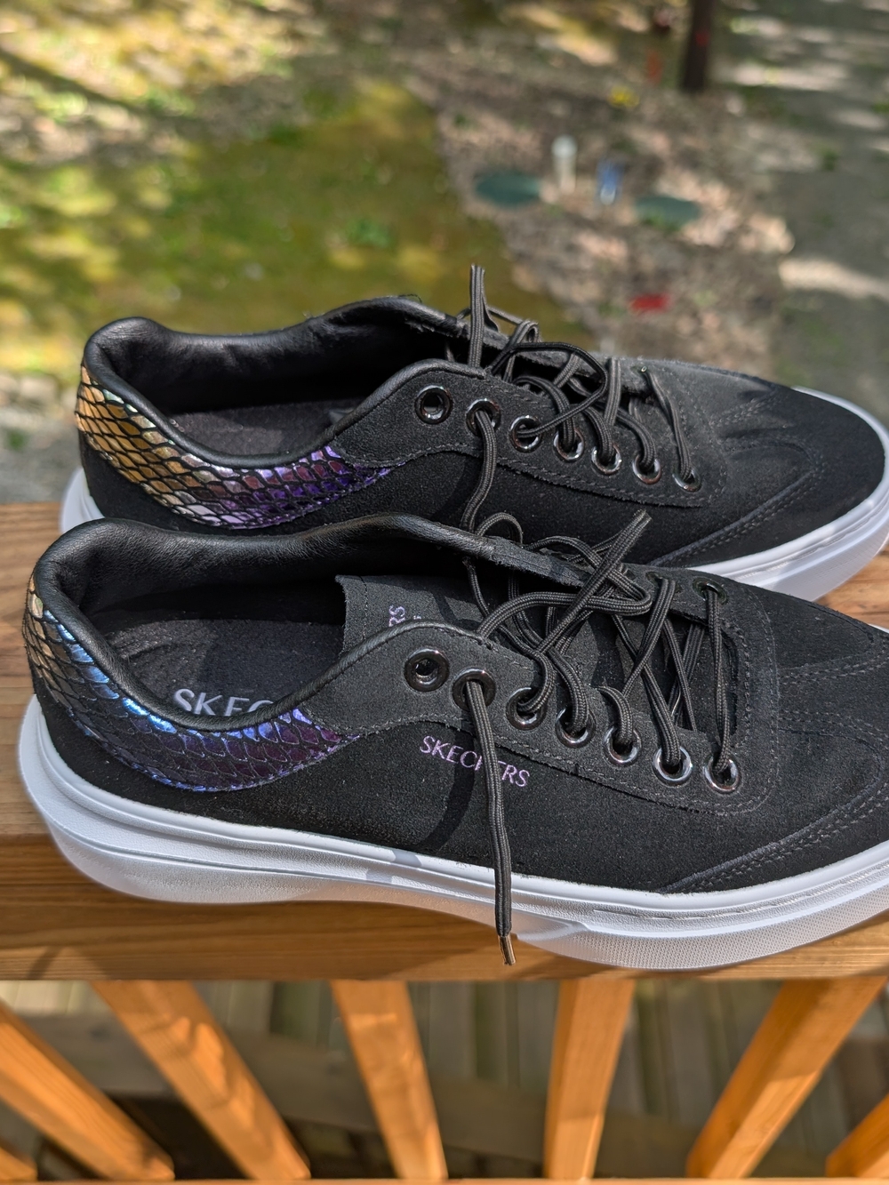 Skechers Black Lace-Up Sneakers with Iridescent Snake-Print Trim